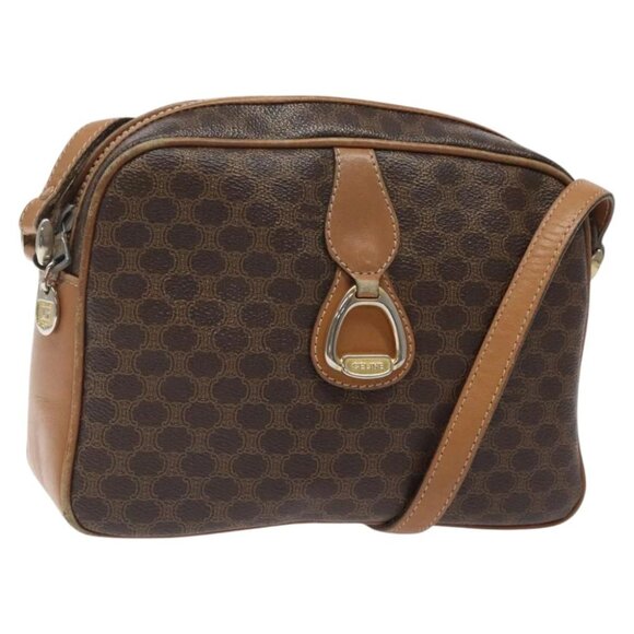 CELINE Macadam Canvas Shoulder Bag PVC Leather Brown Gold Auth BA1891 - Picture 1 of 16